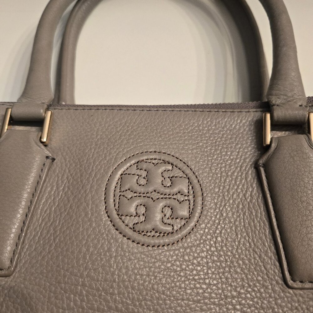 Tory Burch Gray Leather Satchel with Embossed Logo